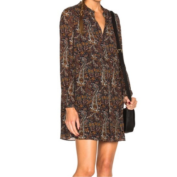 NWT $2450 Sz F34 US 2 Saint Laurent Brown Paisley Print Long Sleeve Mini  Dress